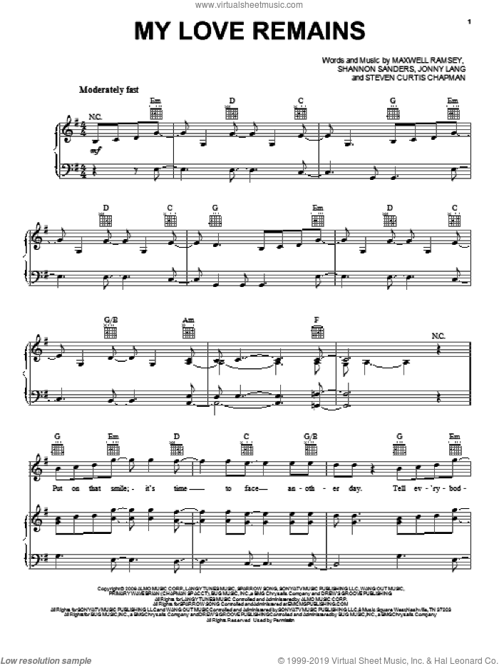 My Love Remains sheet music for voice, piano or guitar by Jonny Lang and Steven Curtis Chapman, intermediate skill level