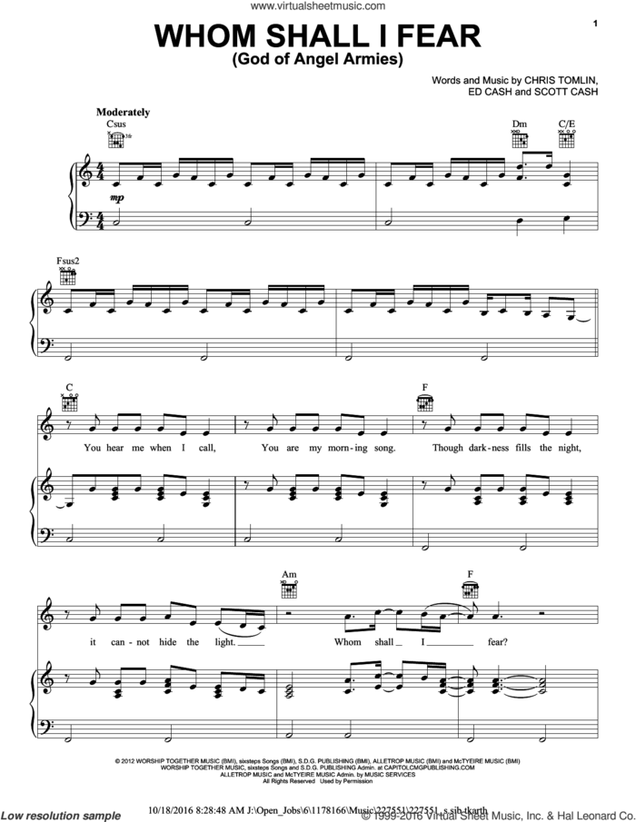 Whom Shall I Fear (God Of Angel Armies) sheet music for voice, piano or guitar by Chris Tomlin, Ed Cash and Scott Cash, intermediate skill level