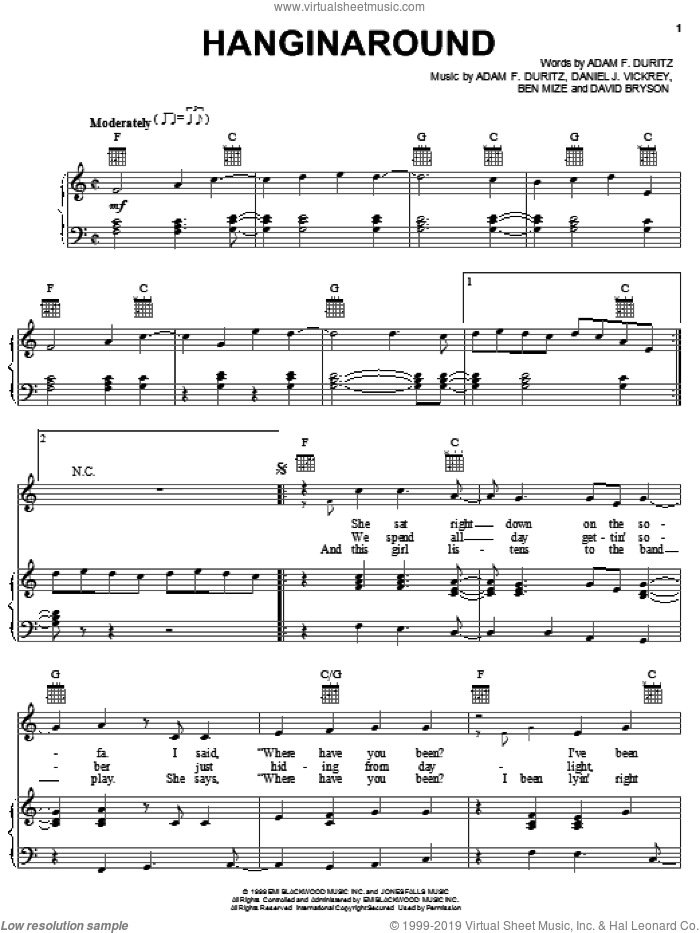 Hanginaround sheet music for voice, piano or guitar by Counting Crows, Adam Duritz, Ben Mize and Dan Vickrey, intermediate skill level