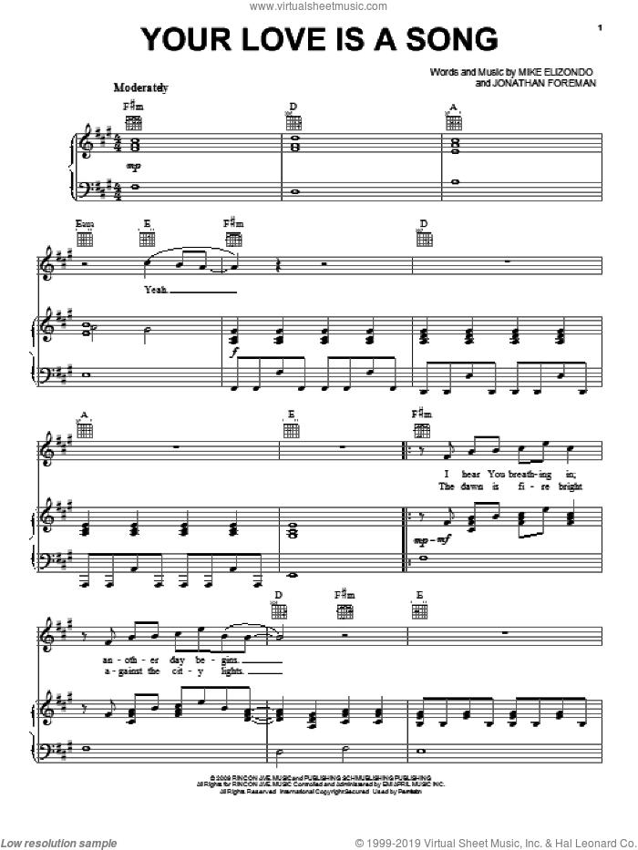 Your Love Is A Song sheet music for voice, piano or guitar by Mike Elizondo and Jonathan Foreman, intermediate skill level