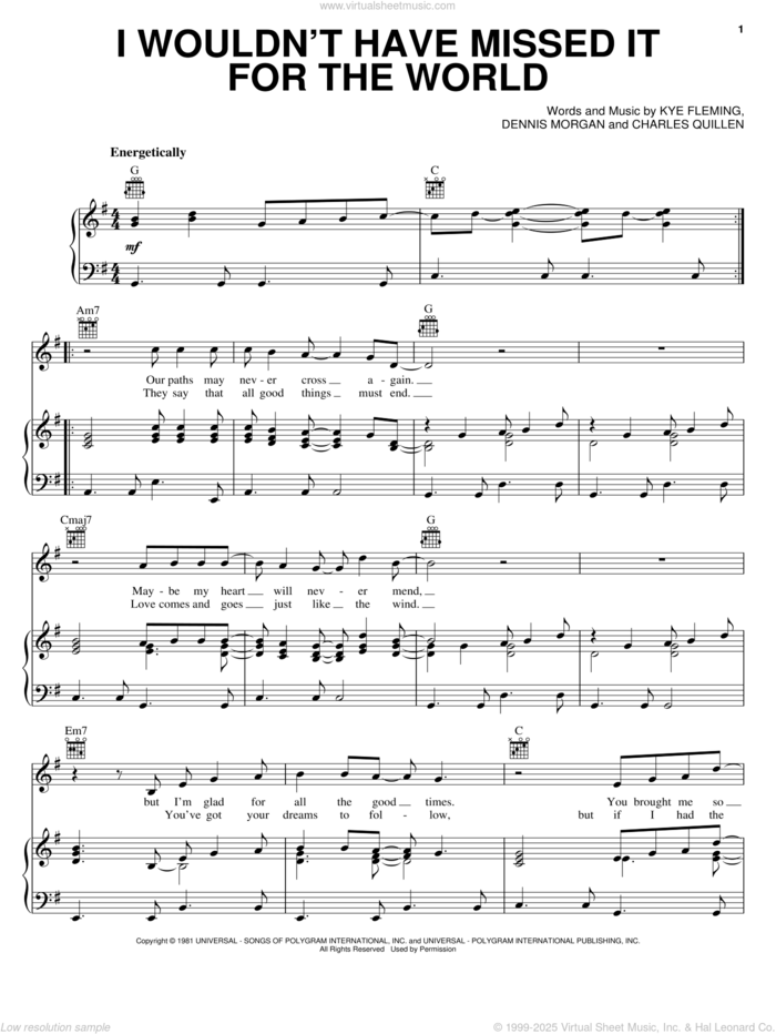 I Wouldn't Have Missed It For The World sheet music for voice, piano or guitar by Ronnie Milsap, Charles Quillen, Dennis Morgan and Kye Fleming, intermediate skill level