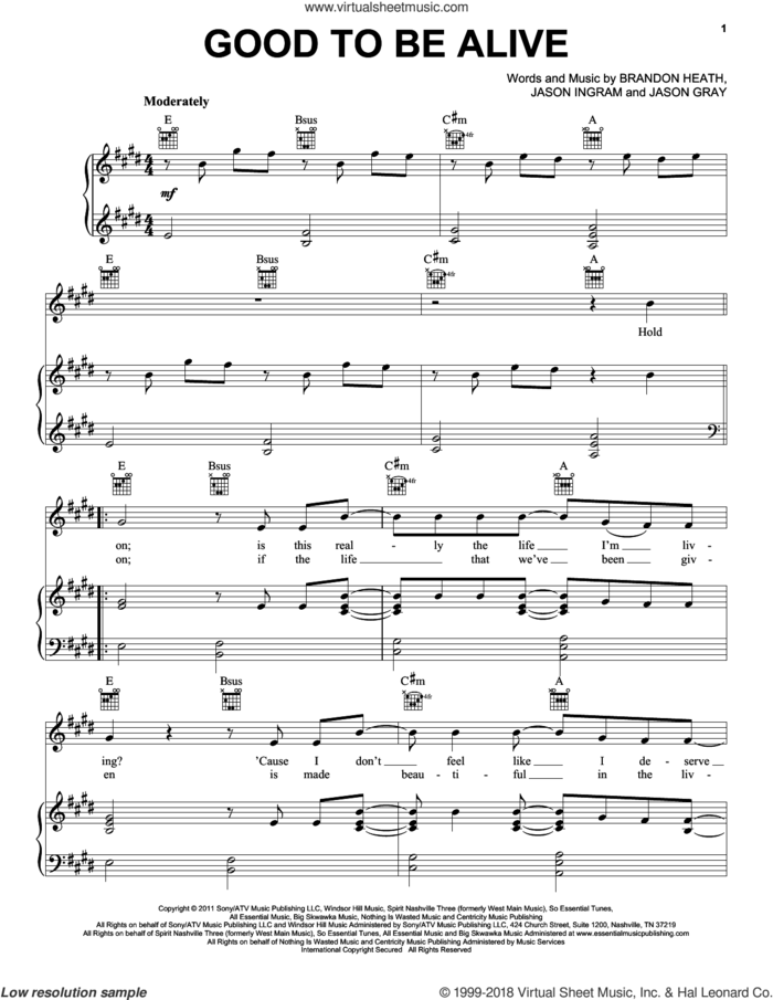 Good To Be Alive sheet music for voice, piano or guitar by Jason Gray, Brandon Heath and Jason Ingram, intermediate skill level
