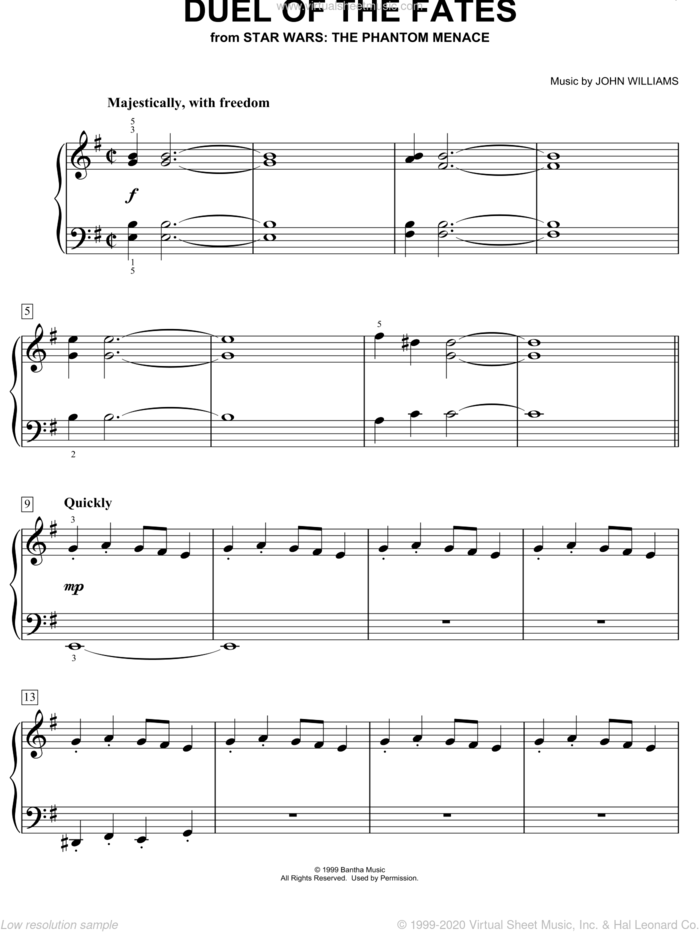 Duel Of The Fates (from Star Wars: The Phantom Menace), (easy) sheet music for piano solo by John Williams and Star Wars (Movie), easy skill level
