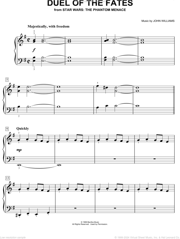 Duel Of The Fates (from Star Wars: The Phantom Menace), (easy) sheet music for piano solo by John Williams and Star Wars (Movie), easy skill level