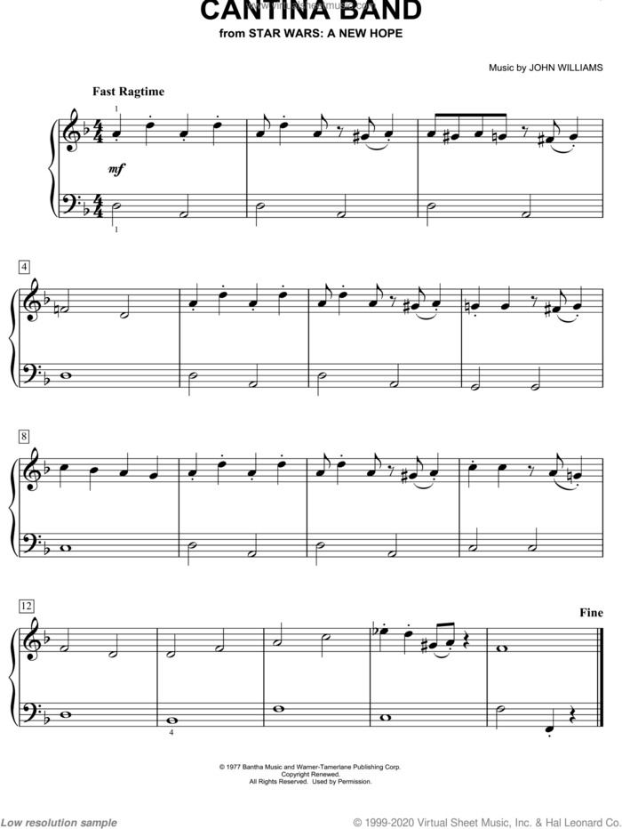 Cantina Band (from Star Wars: A New Hope), (easy) sheet music for piano solo by John Williams and Star Wars (Movie), easy skill level