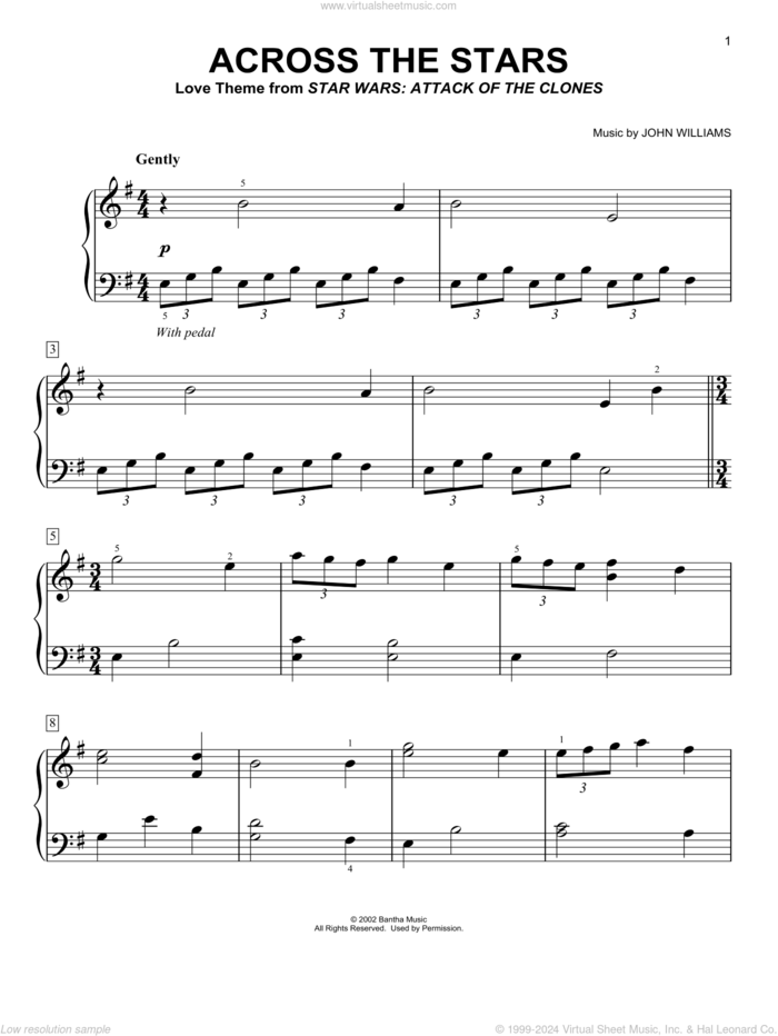 Across The Stars (from Star Wars: Attack of the Clones), (easy) sheet music for piano solo by John Williams and Star Wars (Movie), easy skill level