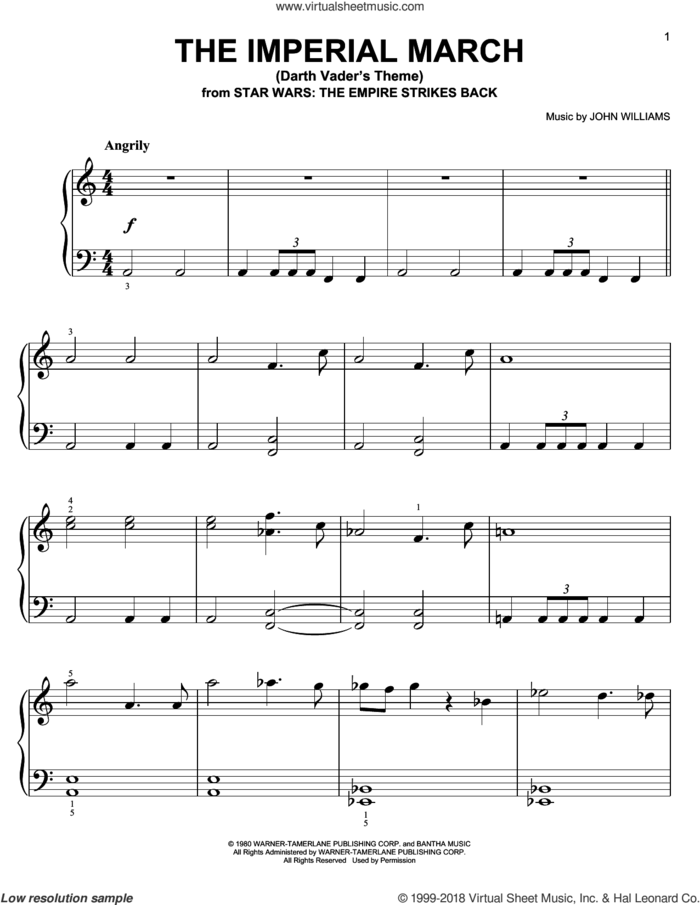 The Imperial March (Darth Vader's Theme) sheet music for piano solo by John Williams and Star Wars (Movie), beginner skill level