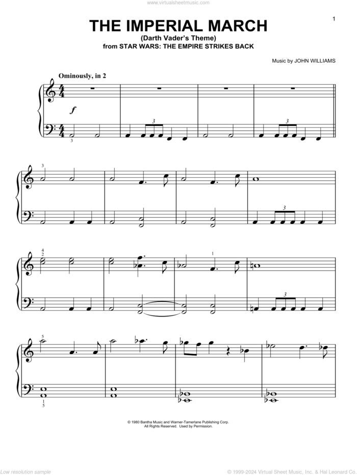 The Imperial March (Darth Vader's Theme) sheet music for piano solo by John Williams and Star Wars (Movie), beginner skill level