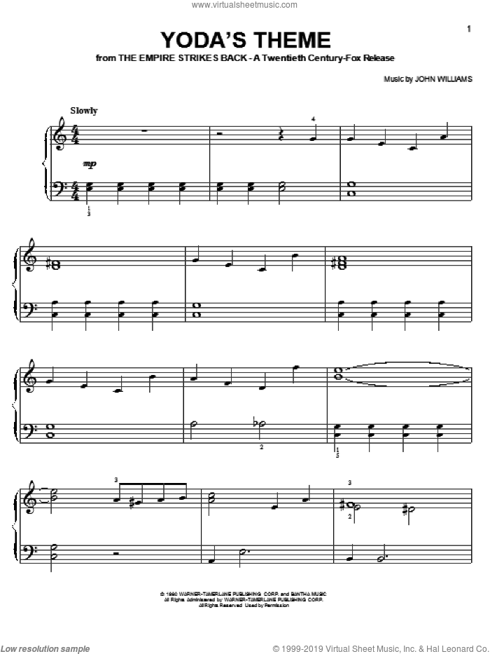 Yoda's Theme (from Star Wars: The Empire Strikes Back) sheet music for piano solo by John Williams and Star Wars (Movie), easy skill level