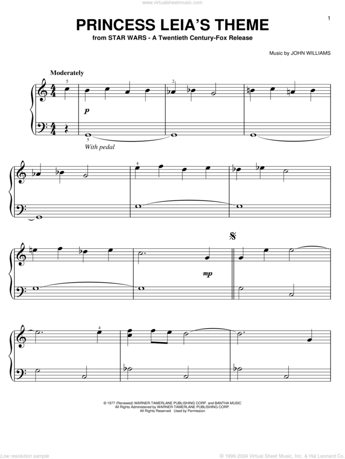 Princess Leia's Theme sheet music for piano solo by John Williams and Star Wars (Movie), easy skill level