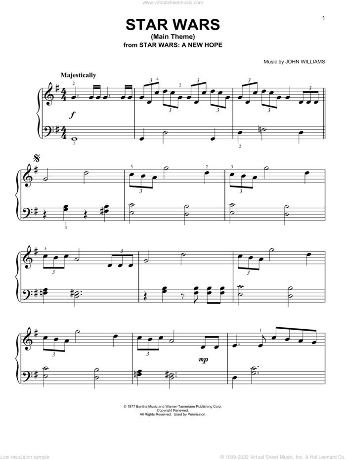 Star Wars (Main Theme), (easy) sheet music for piano solo by John Williams and Star Wars (Movie), easy skill level