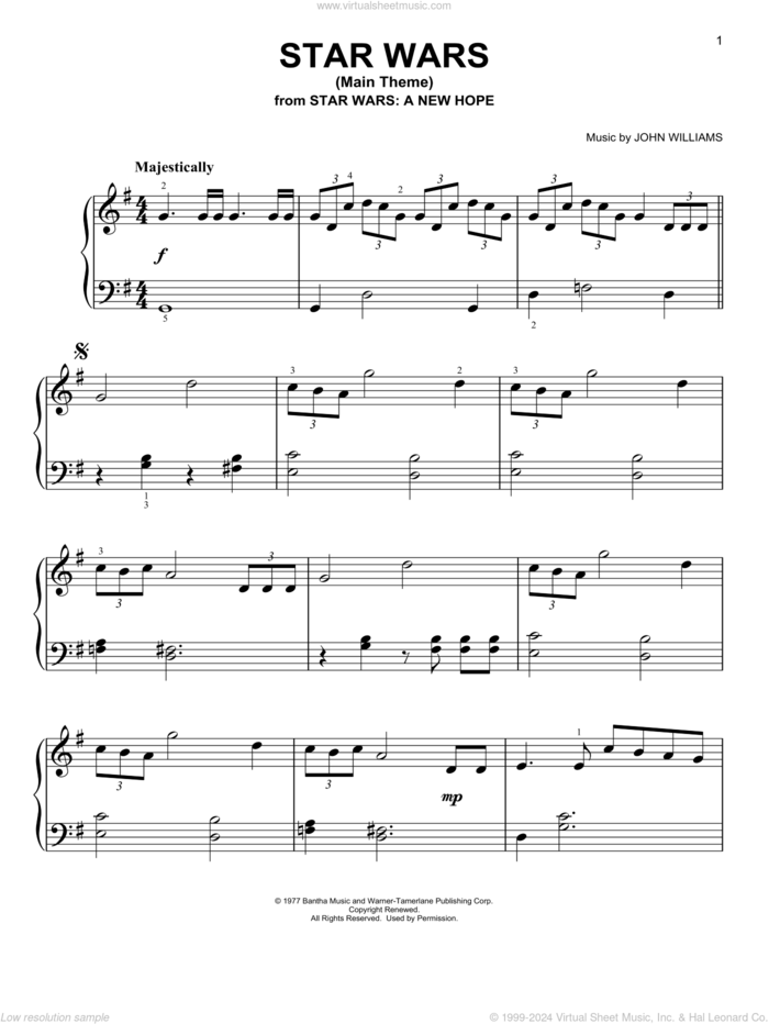 Star Wars (Main Theme), (easy) sheet music for piano solo by John Williams and Star Wars (Movie), easy skill level