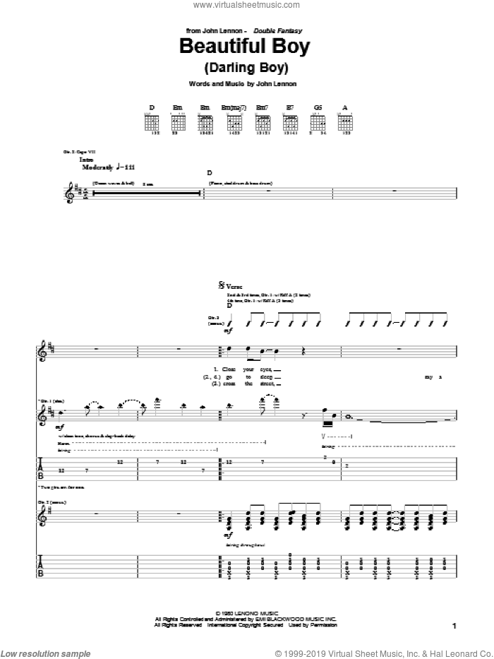 Beautiful Boy (Darling Boy) sheet music for guitar (tablature) by John Lennon, intermediate skill level