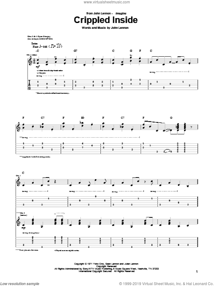 Crippled Inside sheet music for guitar (tablature) by John Lennon, intermediate skill level