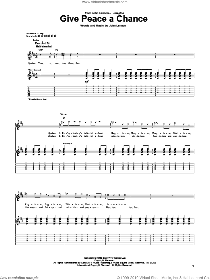 Give Peace A Chance sheet music for guitar (tablature) by John Lennon and Plastic Ono Band, intermediate skill level