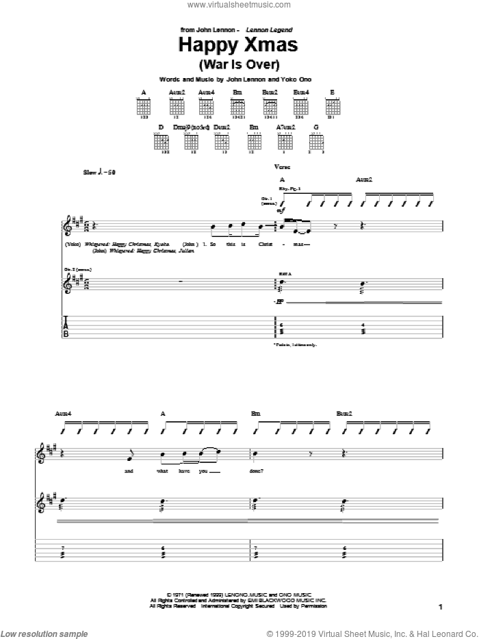 Happy Xmas (War Is Over) sheet music for guitar (tablature) by John Lennon, Plastic Ono Band and Yoko Ono, intermediate skill level