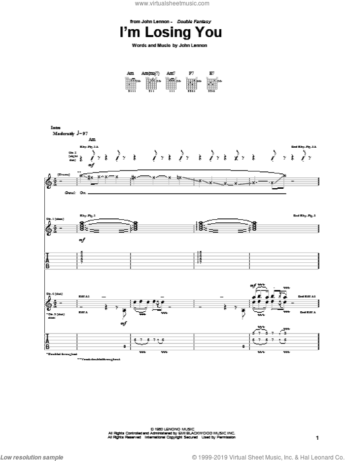 I'm Losing You sheet music for guitar (tablature) by John Lennon, intermediate skill level