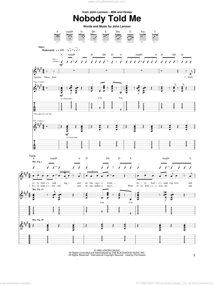 Nobody Told Me sheet music for guitar (tablature) by John Lennon, intermediate skill level