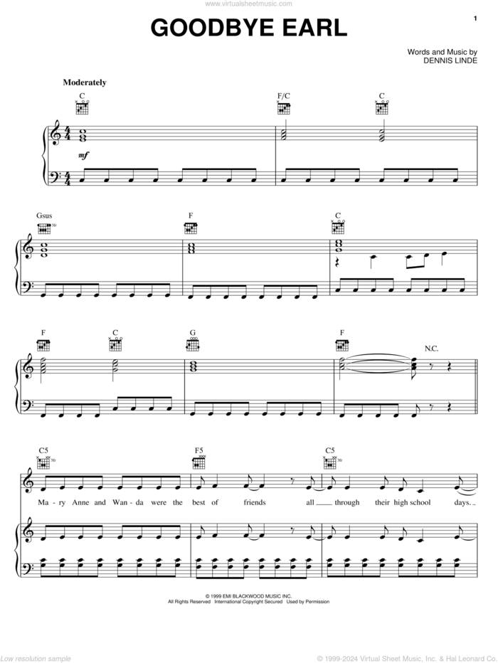 Goodbye Earl sheet music for voice, piano or guitar by The Chicks, Dixie Chicks and Dennis Linde, intermediate skill level