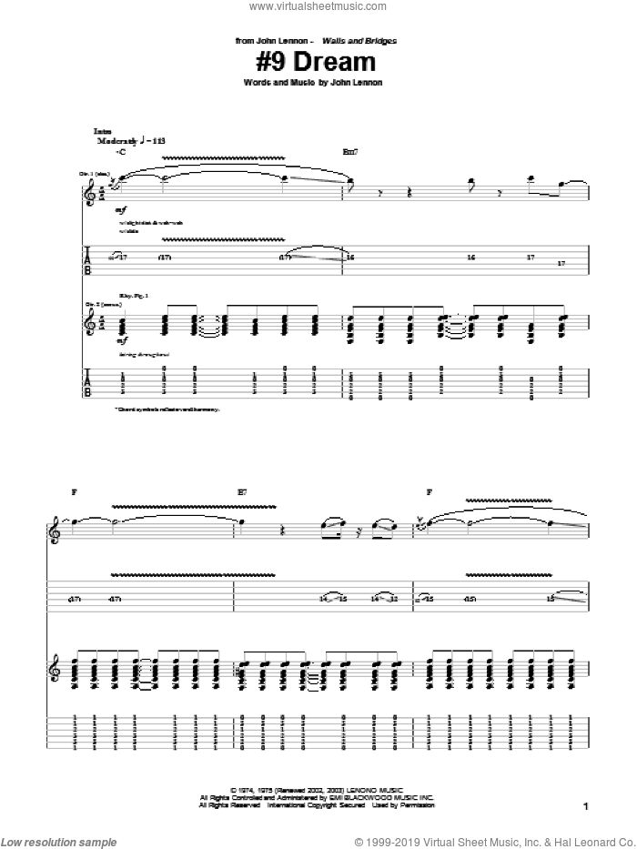 #9 Dream sheet music for guitar (tablature) by John Lennon, intermediate skill level