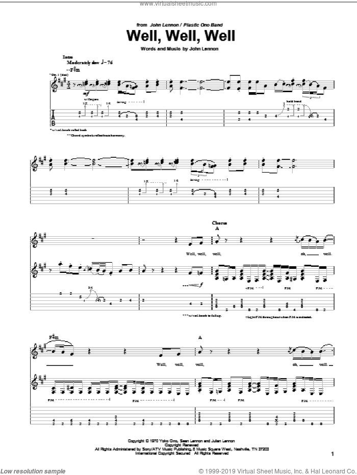 Well, Well, Well sheet music for guitar (tablature) by John Lennon, intermediate skill level