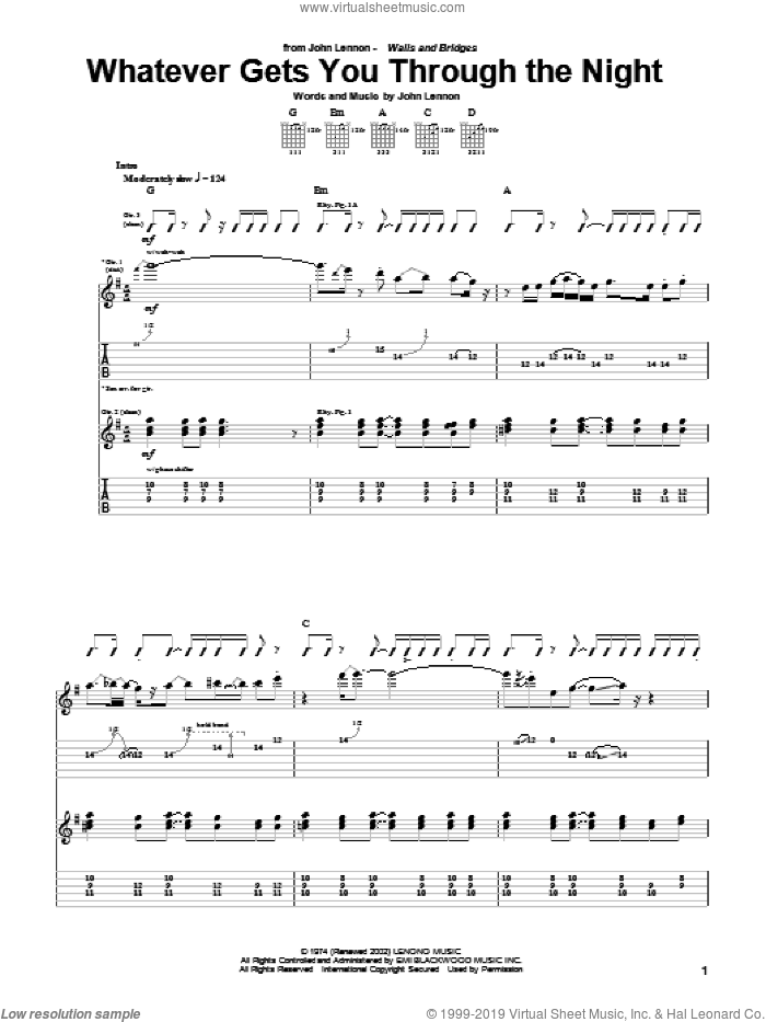 Whatever Gets You Through The Night sheet music for guitar (tablature) by John Lennon, intermediate skill level