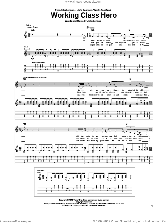 Working Class Hero sheet music for guitar (tablature) by John Lennon, intermediate skill level