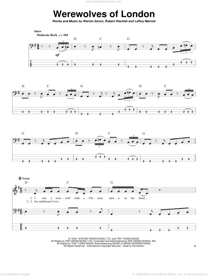 Werewolves Of London sheet music for bass (tablature) (bass guitar) by Warren Zevon, LeRoy Marinel and Robert Wachtel, intermediate skill level