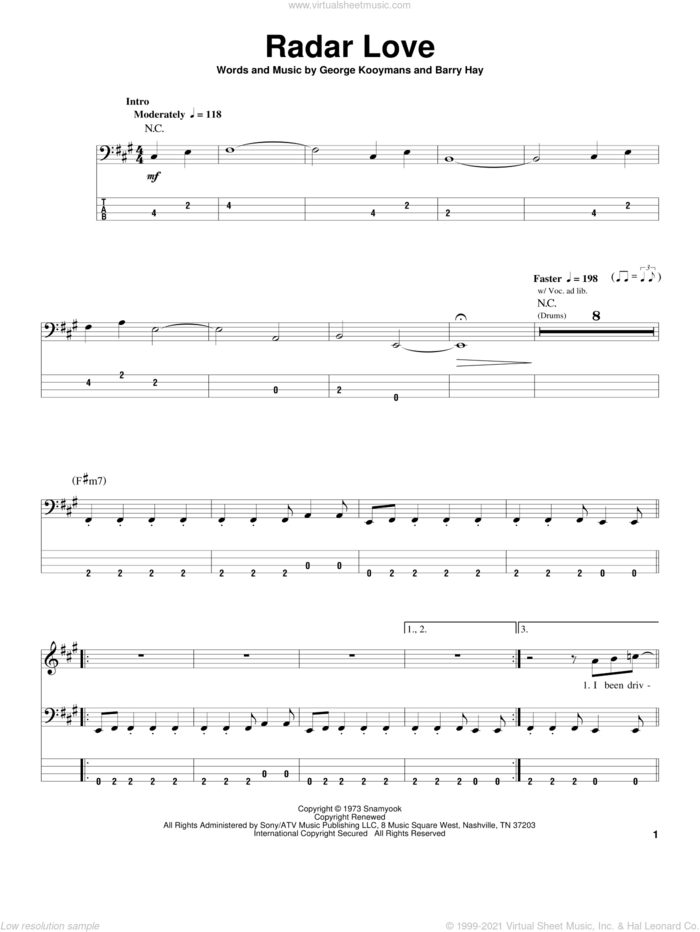 Radar Love sheet music for bass (tablature) (bass guitar) by Golden Earring, White Lion, Barry Hay and George Kooymans, intermediate skill level