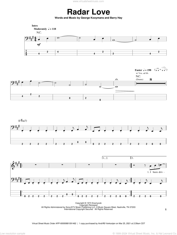 Radar Love sheet music for bass (tablature) (bass guitar) by Golden Earring, White Lion, Barry Hay and George Kooymans, intermediate skill level