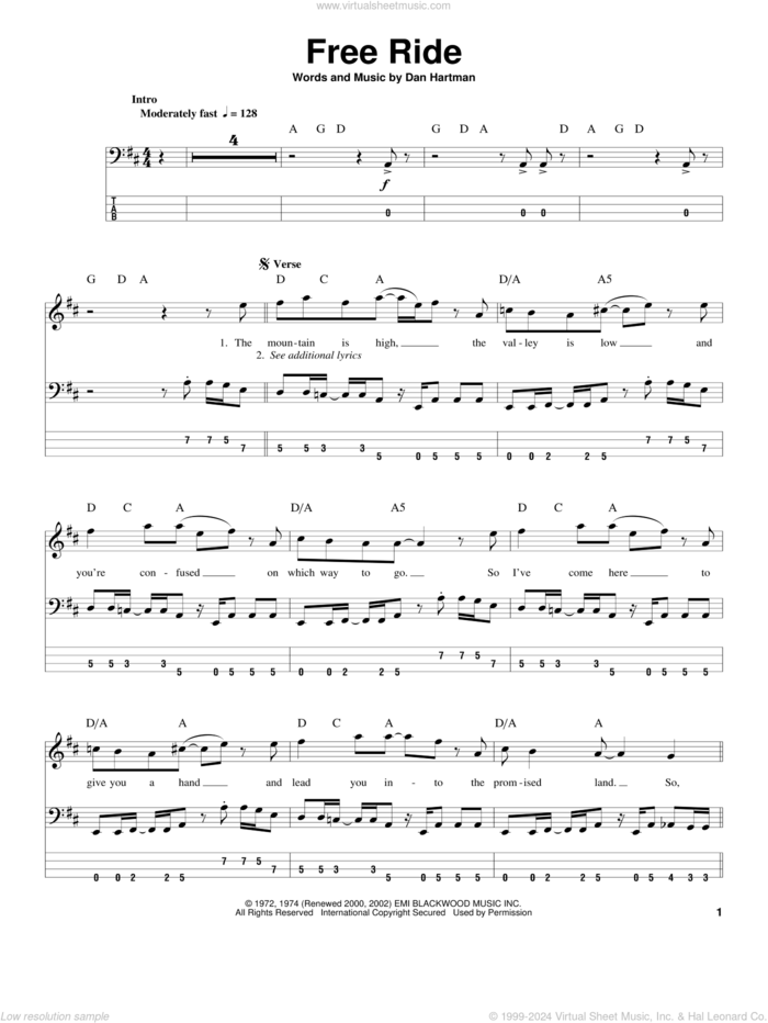 Free Ride sheet music for bass (tablature) (bass guitar) by Edgar Winter Group and Dan Hartman, intermediate skill level