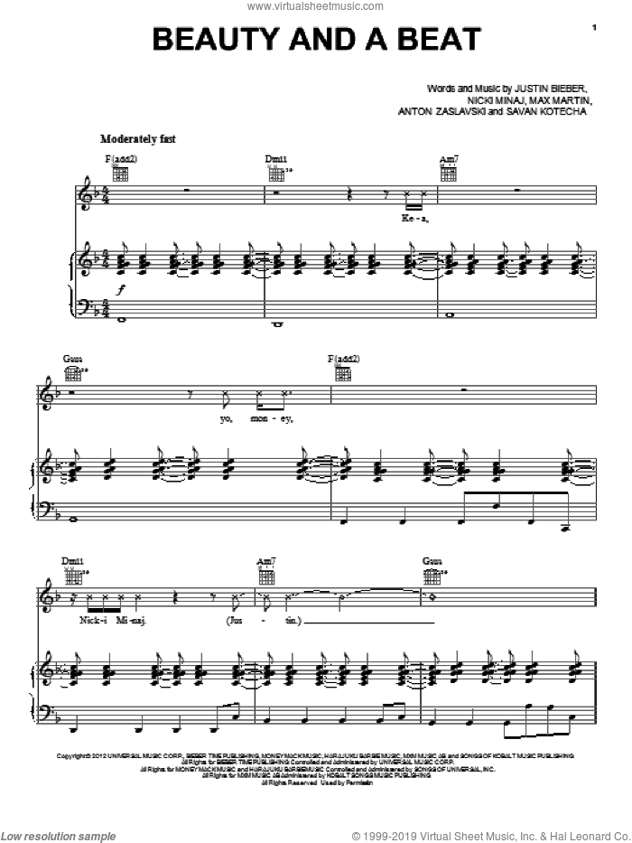 Beauty And A Beat sheet music for voice, piano or guitar by Justin Bieber, intermediate skill level