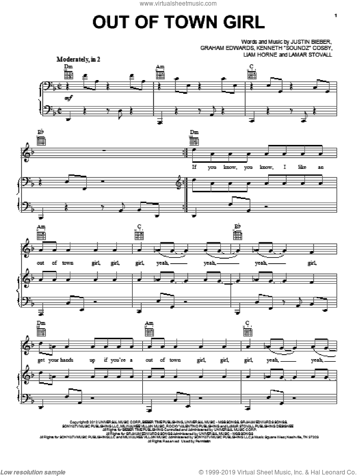 Out Of Town Girl sheet music for voice, piano or guitar by Justin Bieber, intermediate skill level