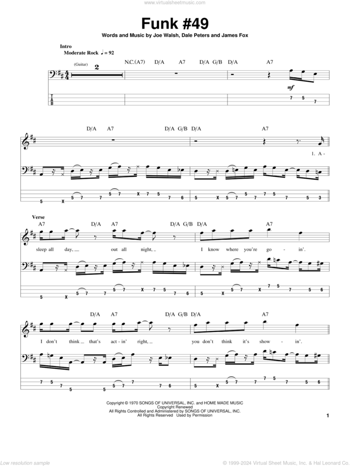 Funk #49 sheet music for bass (tablature) (bass guitar) by The James Gang, Dale Peters, James Fox and Joe Walsh, intermediate skill level
