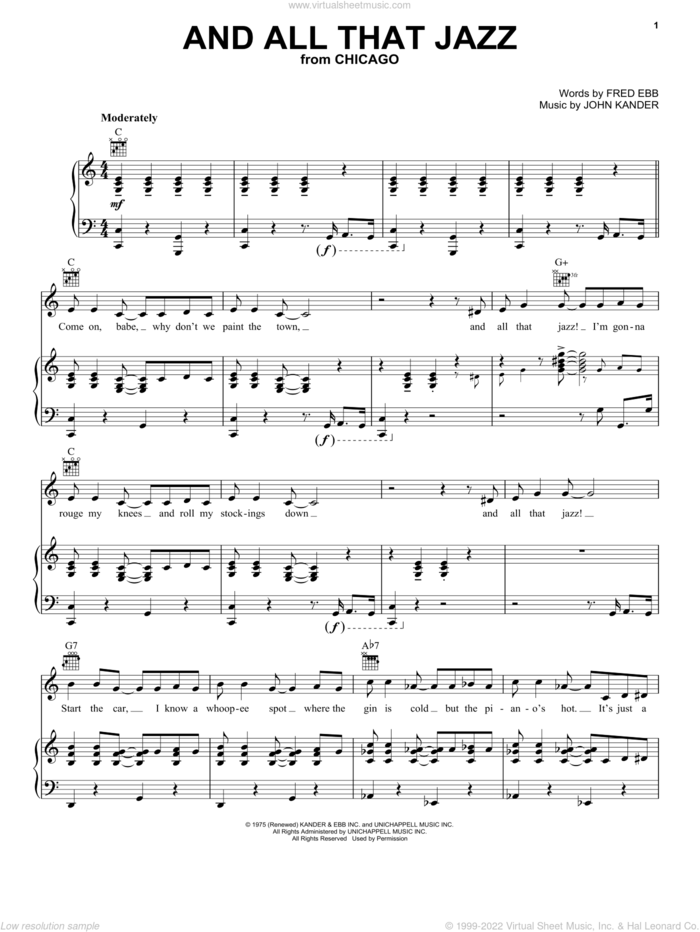 And All That Jazz sheet music for voice, piano or guitar by Kander & Ebb, Chicago (Musical), Fred Ebb and John Kander, intermediate skill level
