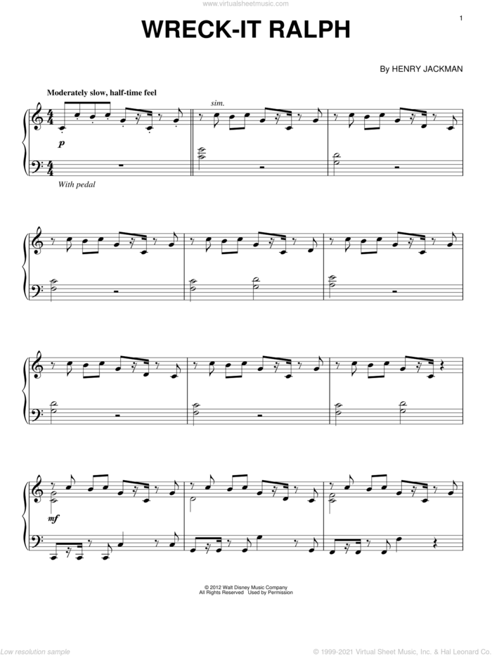Wreck-It Ralph sheet music for piano solo by Henry Jackman, intermediate skill level