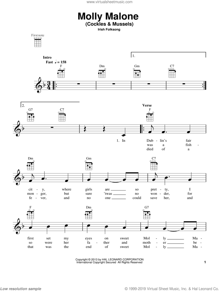 Molly Malone (Cockles and Mussels) sheet music for ukulele v2