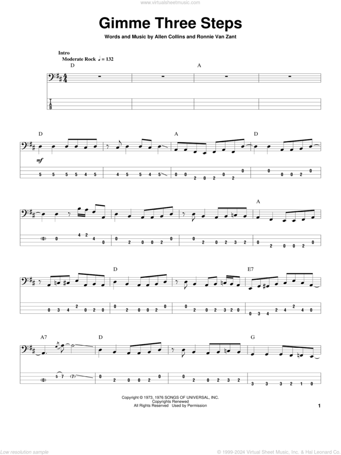 Gimme Three Steps sheet music for bass (tablature) (bass guitar) by Lynyrd Skynyrd, Allen Collins and Ronnie Van Zant, intermediate skill level