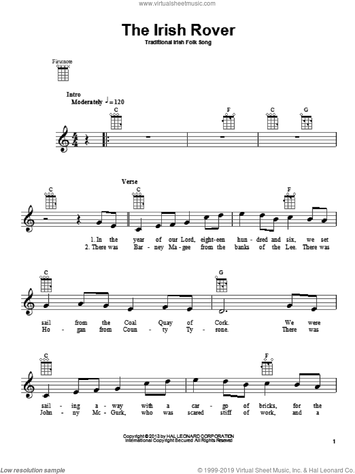 The Irish Rover sheet music for ukulele, intermediate skill level