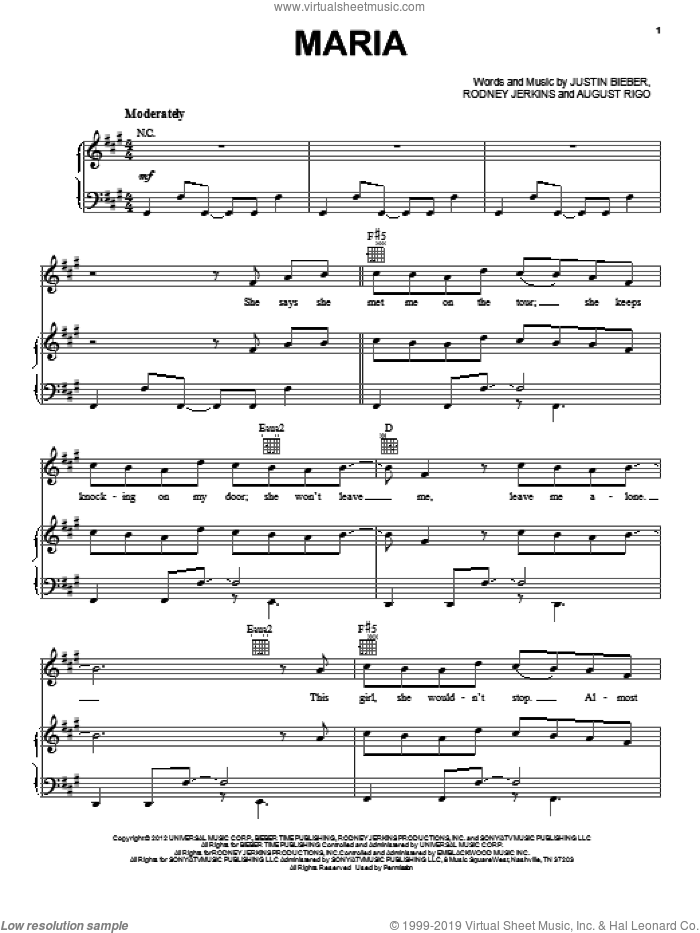 Maria sheet music for voice, piano or guitar by Justin Bieber, intermediate skill level