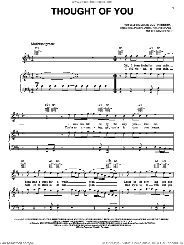 Thought Of You sheet music for voice, piano or guitar by Justin Bieber, intermediate skill level