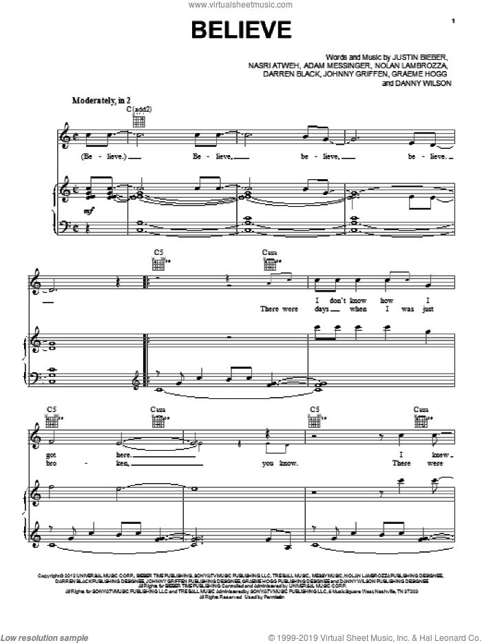 Believe sheet music for voice, piano or guitar by Justin Bieber, intermediate skill level