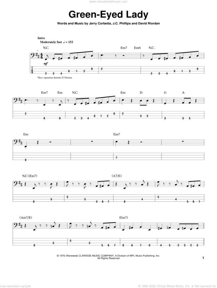 Green-Eyed Lady sheet music for bass (tablature) (bass guitar) by Sugarloaf, David Riordan, J.C. Phillips and Jerry Corbetta, intermediate skill level