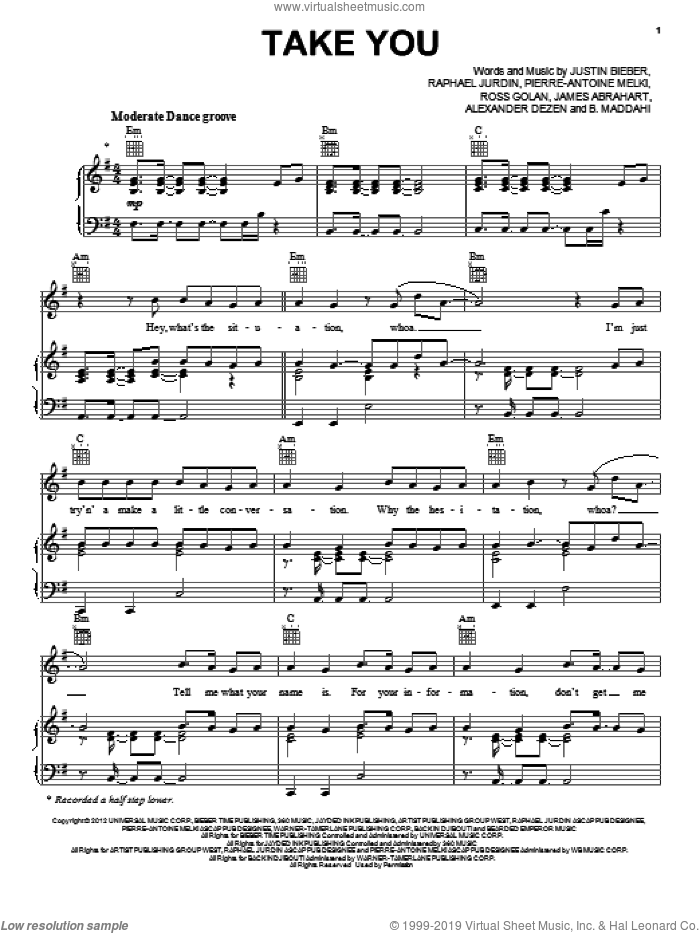 Take You sheet music for voice, piano or guitar by Justin Bieber, intermediate skill level