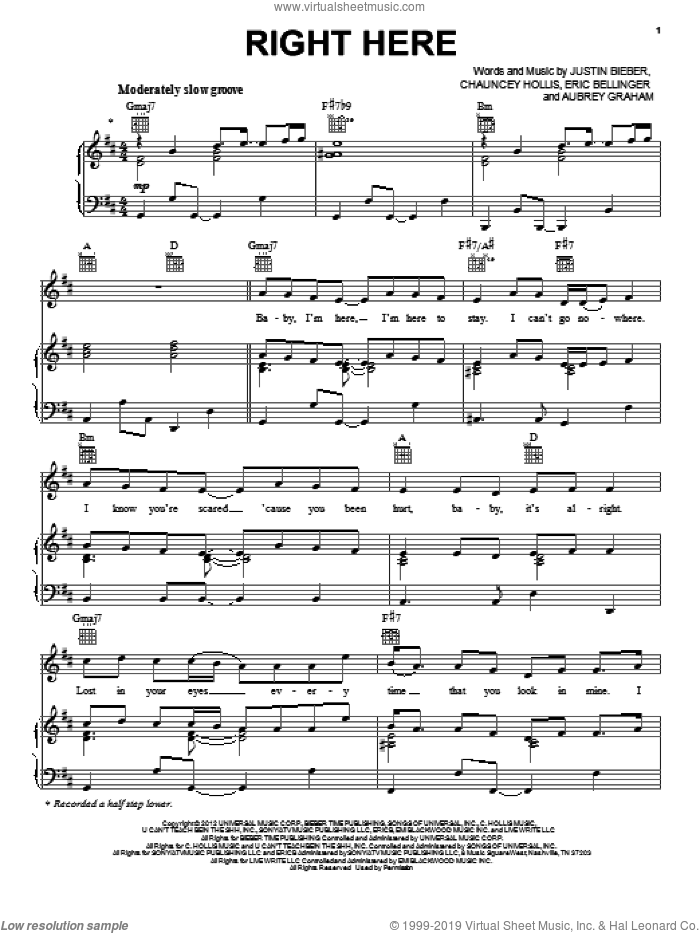 Right Here sheet music for voice, piano or guitar by Justin Bieber, intermediate skill level