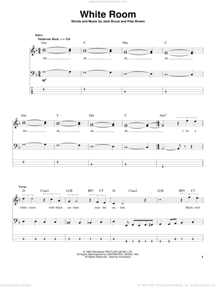 White Room sheet music for bass (tablature) (bass guitar) by Cream, Jack Bruce and Pete Brown, intermediate skill level