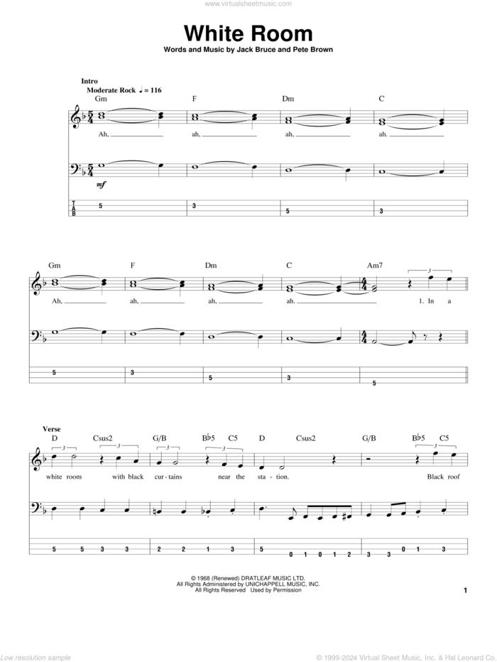 White Room sheet music for bass (tablature) (bass guitar) by Cream, Jack Bruce and Pete Brown, intermediate skill level