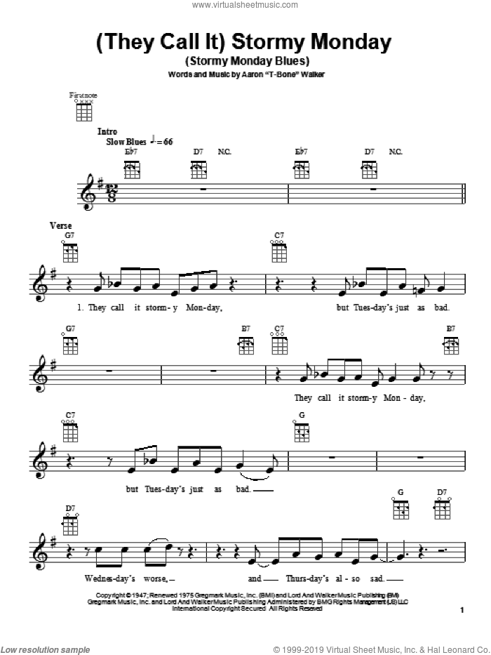 (They Call It) Stormy Monday (Stormy Monday Blues) sheet music for ukulele by Aaron 'T-Bone' Walker, intermediate skill level