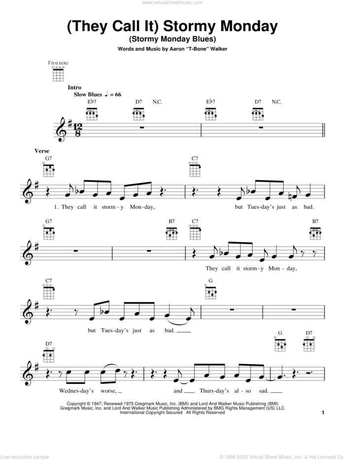 (They Call It) Stormy Monday (Stormy Monday Blues) sheet music for ukulele by Aaron 'T-Bone' Walker, intermediate skill level