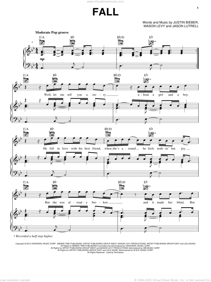 Fall sheet music for voice, piano or guitar by Justin Bieber, intermediate skill level